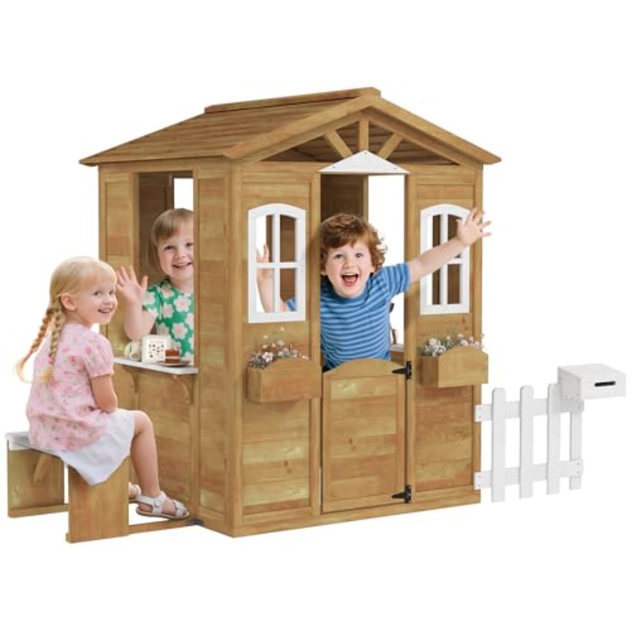 Kids Outdoor Wooden Playhouse - 3~6세 어린이를 위한 야외 놀이집, 작동하는