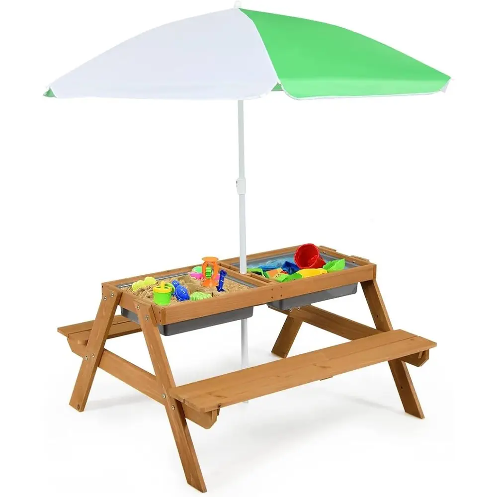 Kids Outdoor Wooden Table - 4-in-1 나무 모래놀이 및 물놀이 피크닉