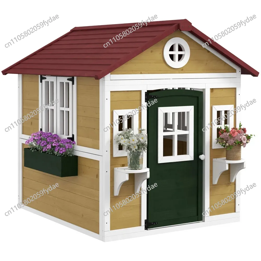 Kids Outdoor Wooden Playhouse - 야외 어린이 놀이집, 문, 창문, 화분과