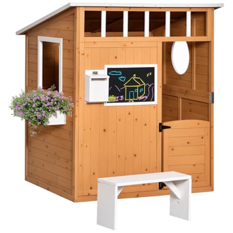 Kids Outdoor Wooden Playhouse - 야외용 어린이 목재 놀이집 (작동하는 문,