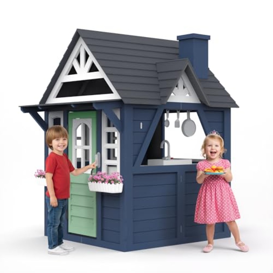 Kids Outdoor Wooden Playhouse - 야외용 어린이 놀이집: 나무로 만든, 파란색,