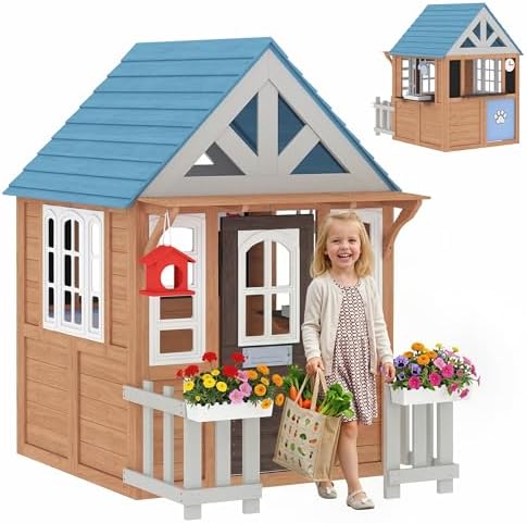 Kids Outdoor Wooden Playhouse - 애완동물 문이 있는 야외 놀이집, 2~5세용