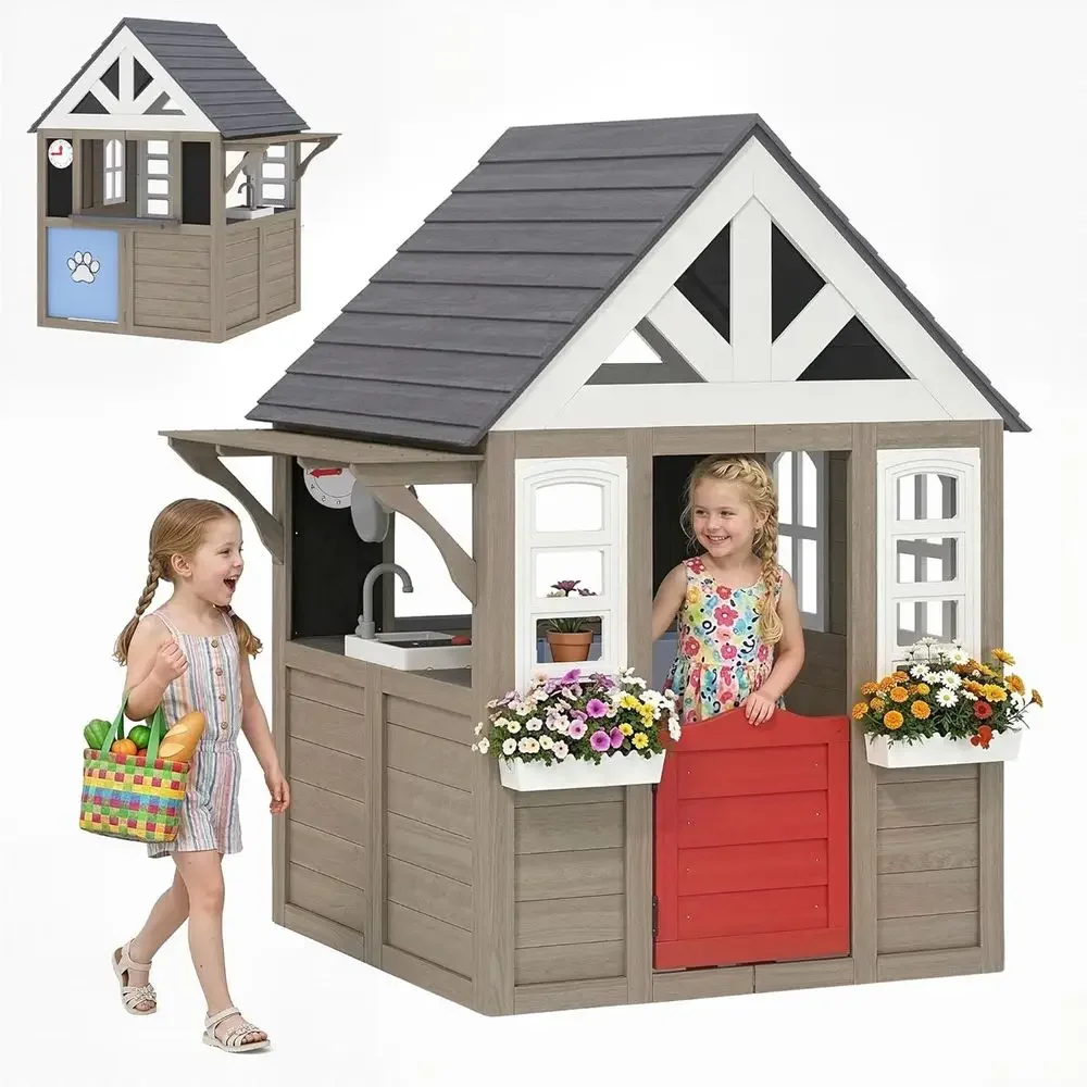 Kids Outdoor Wooden Playhouse - 카바 야외 놀이집, 강아지용 문이 있는