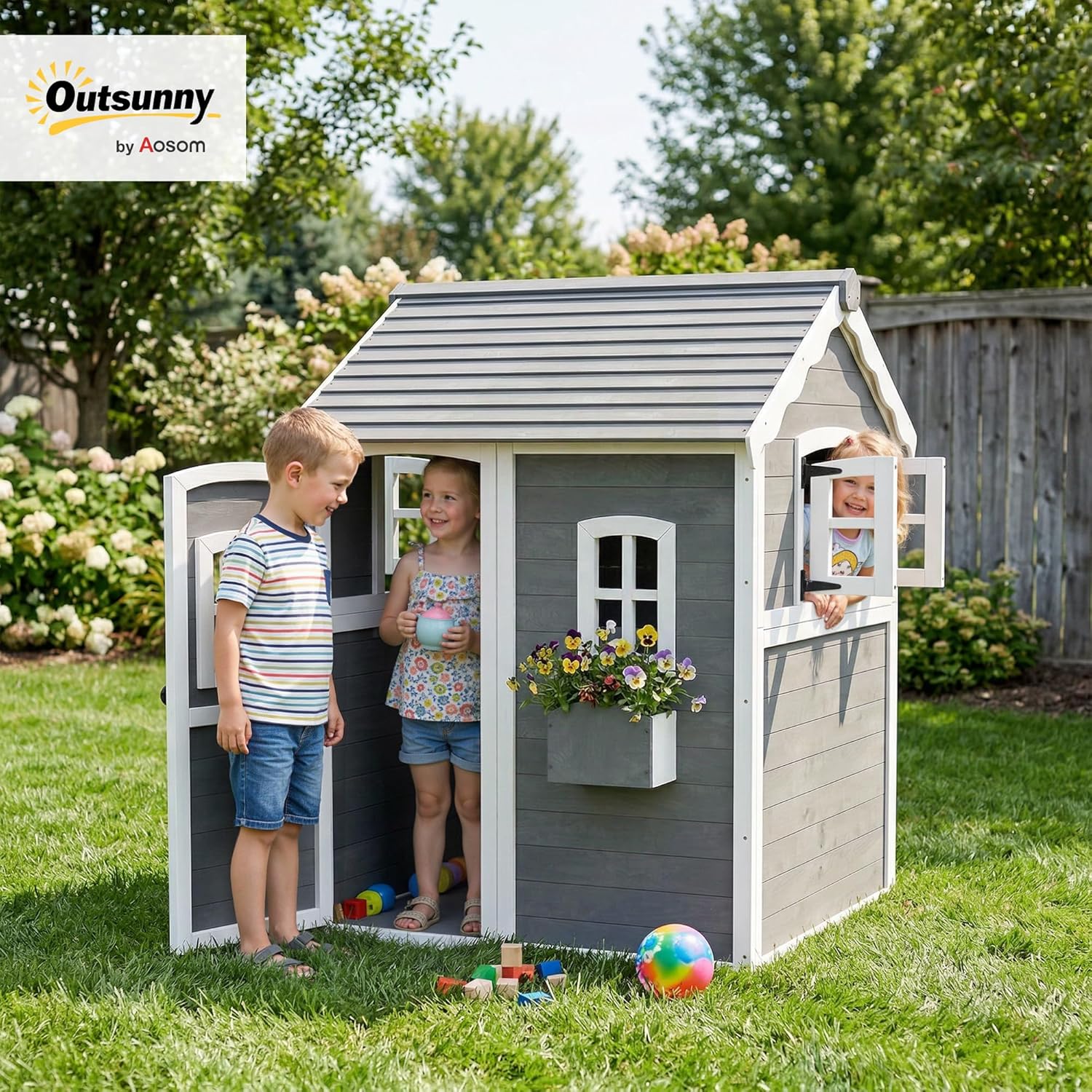 # 나무로 만든 야외 놀이집 (바닥, 문, 창문, 화분 - Kids Outdoor Wooden Playhouse 리뷰 및 가격